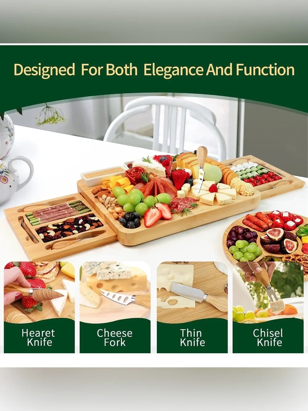 Bamboo Charcuterie & Cheese Serving Board Set - Natural Wood